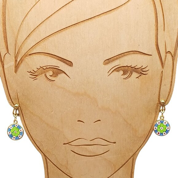 Vintage Millefiori Glass Clip-On Earrings Gold-Tone Floral Design Dangle Drop in - Picture 1 of 4